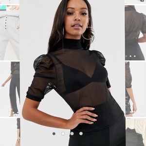 ASOS High Neck Top in Black Mesh With Puff Sleeve